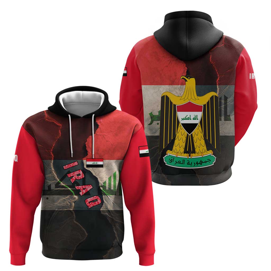 Iraq Flag Texture Hoodie with Golden Eagle Emblem and Cracked Earth Background Design TS04