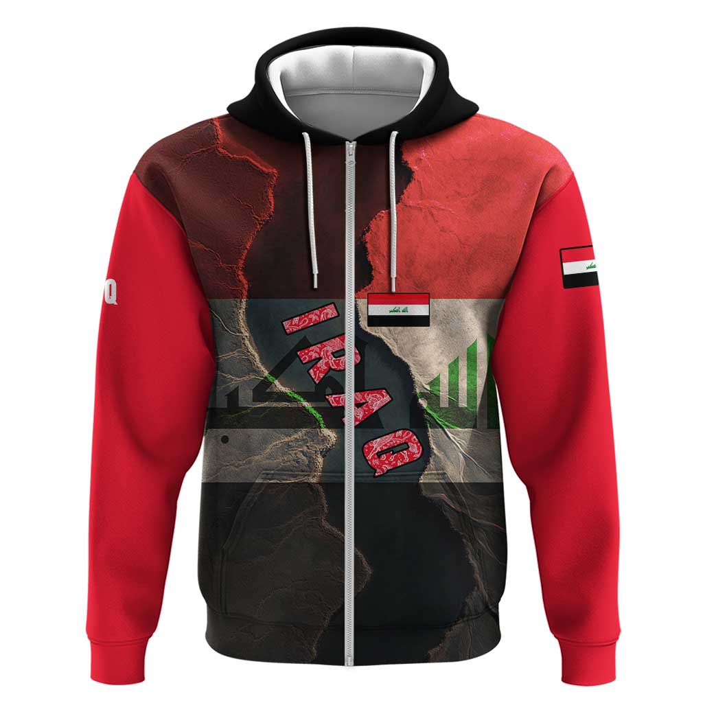 Iraq Flag Texture Hoodie with Golden Eagle Emblem and Cracked Earth Background Design TS04