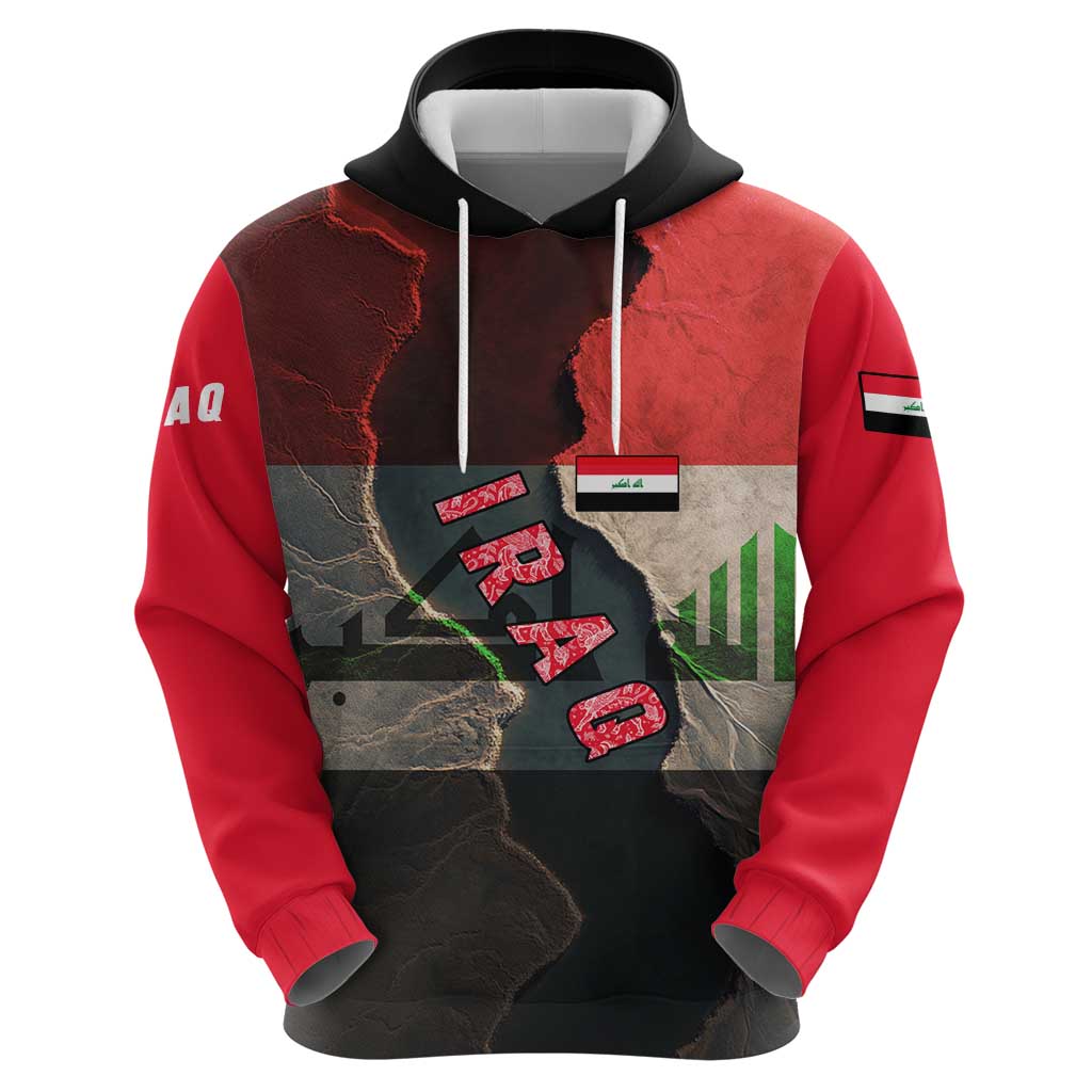 Iraq Flag Texture Hoodie with Golden Eagle Emblem and Cracked Earth Background Design TS04