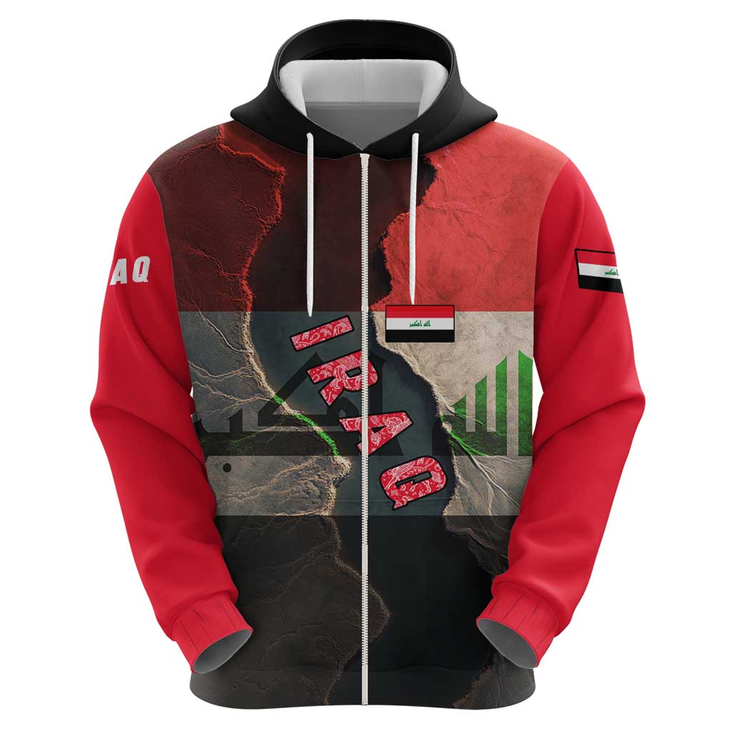 Iraq Flag Texture Hoodie with Golden Eagle Emblem and Cracked Earth Background Design TS04