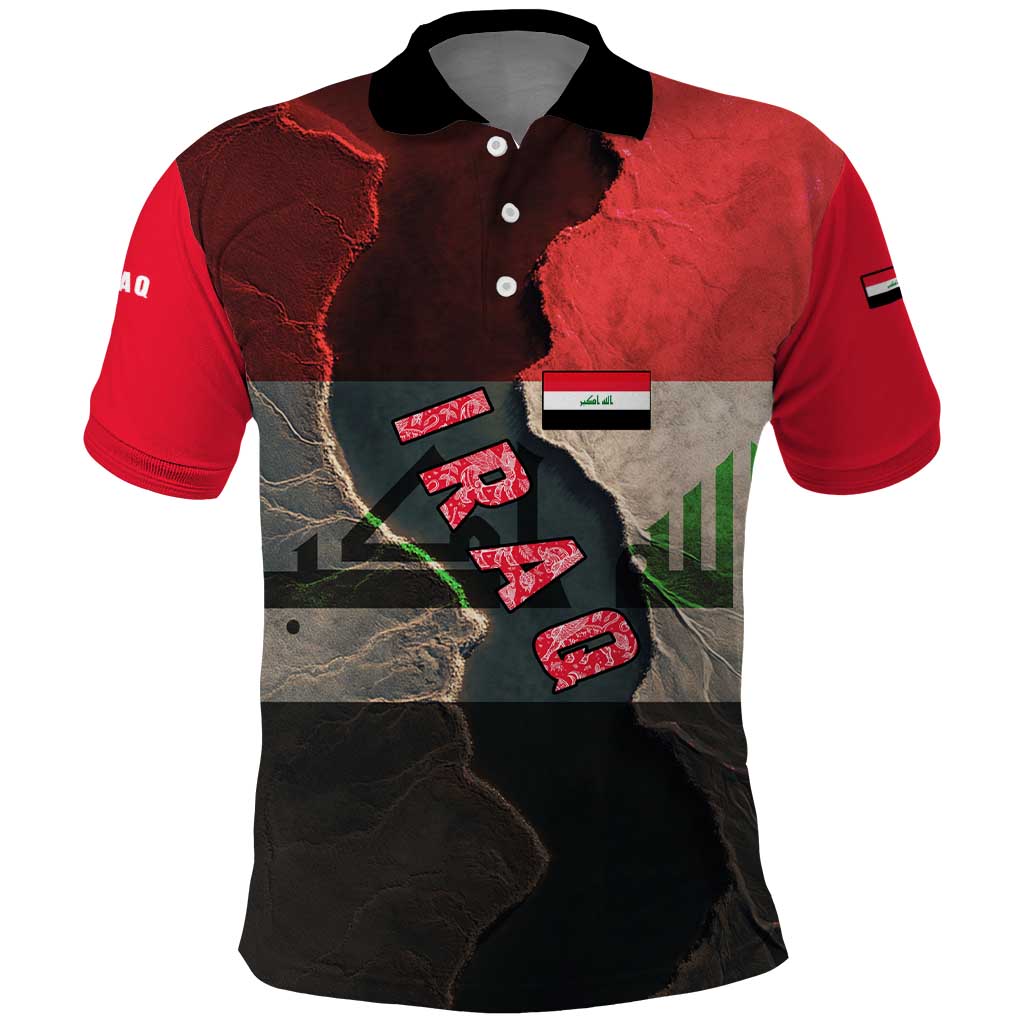 Iraq Flag Texture Polo Shirt with Golden Eagle Emblem and Cracked Earth Background Design TS04