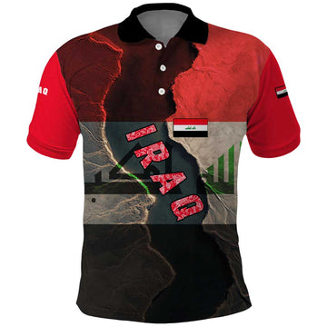 Iraq Flag Texture Polo Shirt with Golden Eagle Emblem and Cracked Earth Background Design TS04