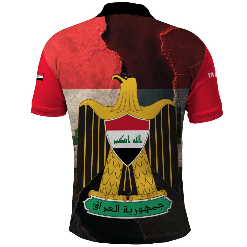 Iraq Flag Texture Polo Shirt with Golden Eagle Emblem and Cracked Earth Background Design TS04