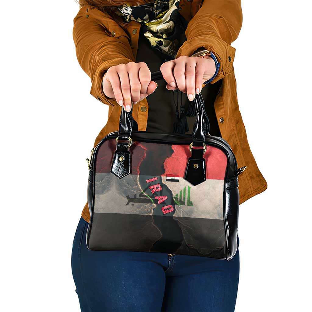 Iraq Flag Texture Shoulder Handbag with Golden Eagle Emblem and Cracked Earth Background Design TS04