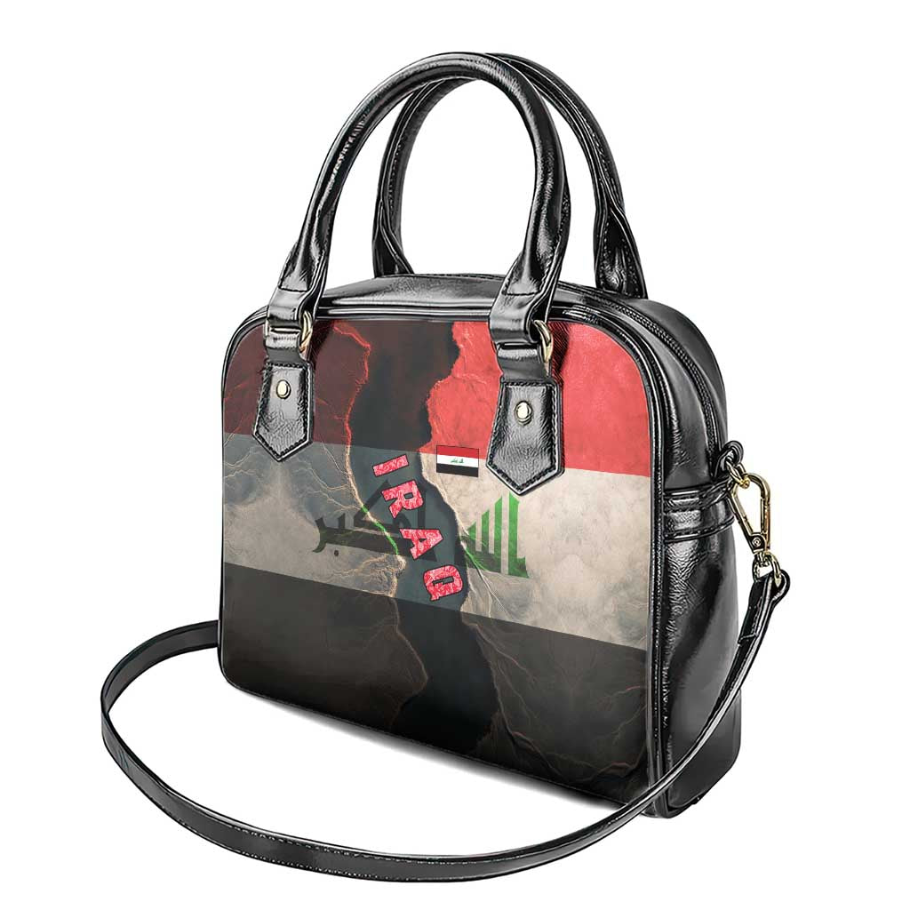 Iraq Flag Texture Shoulder Handbag with Golden Eagle Emblem and Cracked Earth Background Design TS04