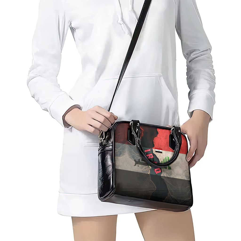 Iraq Flag Texture Shoulder Handbag with Golden Eagle Emblem and Cracked Earth Background Design TS04