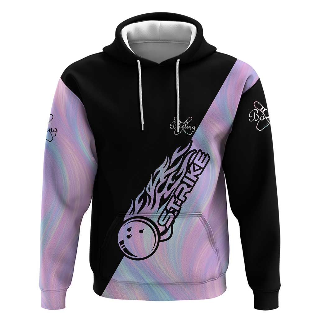 Bowling Strike Graphic Hoodie Custom Flaming Ball and Pastel Gradient Swirl Pattern Design TS04