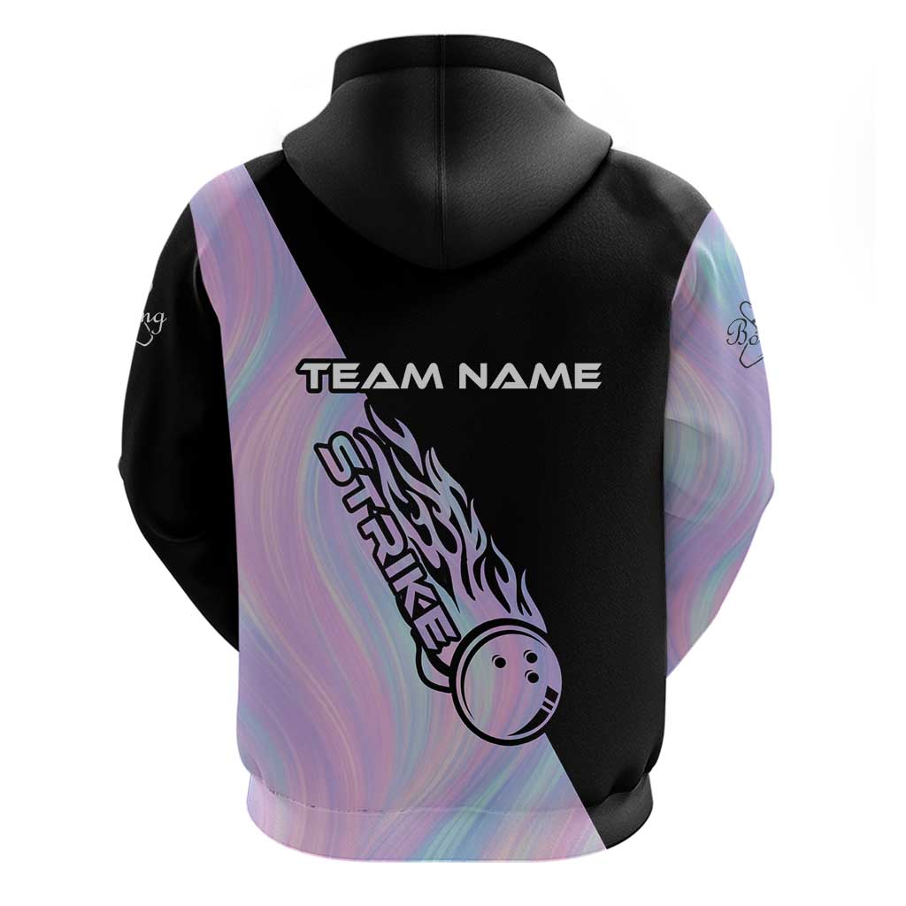 Bowling Strike Graphic Hoodie Custom Flaming Ball and Pastel Gradient Swirl Pattern Design TS04