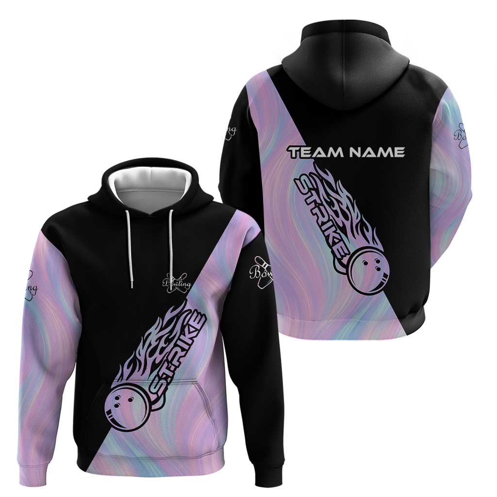 Bowling Strike Graphic Hoodie Custom Flaming Ball and Pastel Gradient Swirl Pattern Design TS04