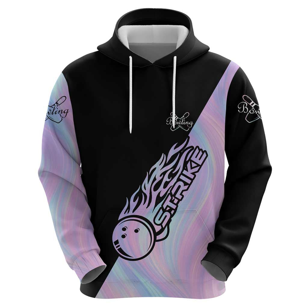 Bowling Strike Graphic Hoodie Custom Flaming Ball and Pastel Gradient Swirl Pattern Design TS04