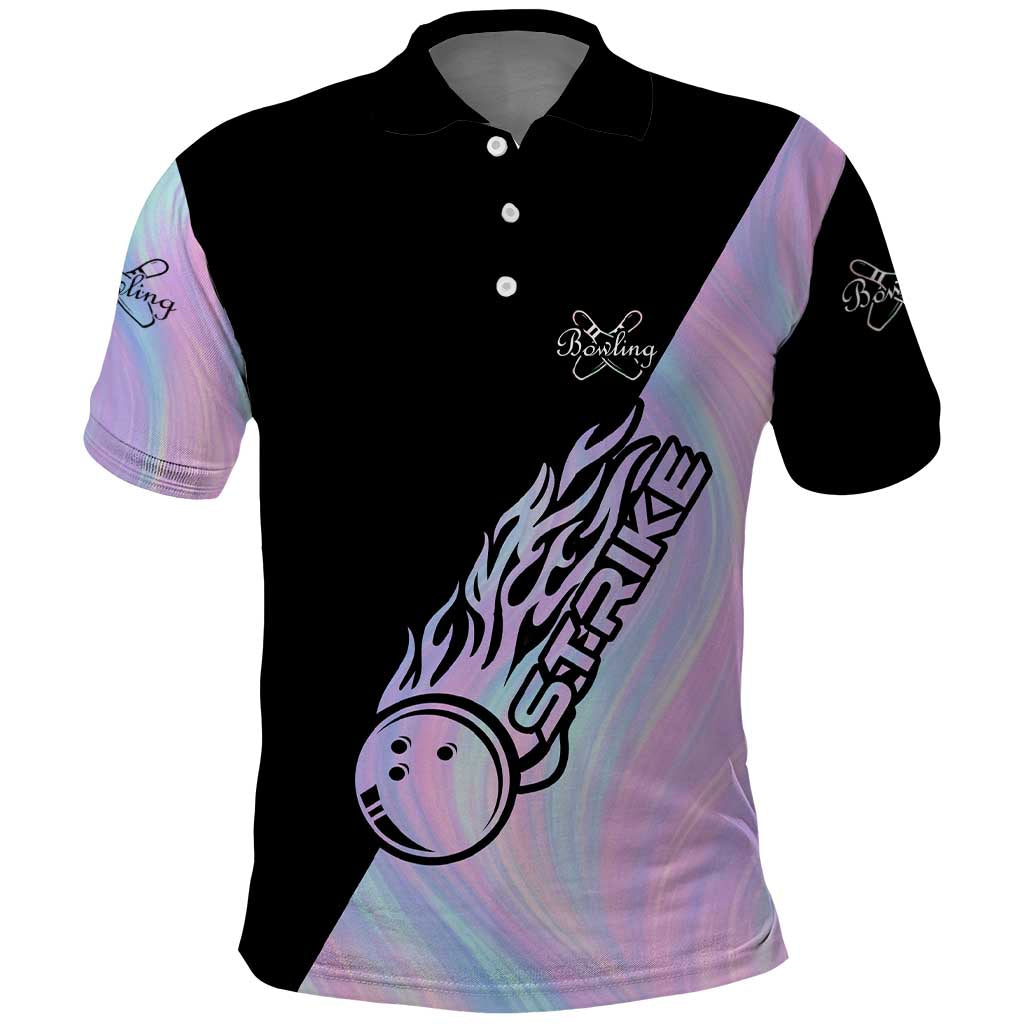 Bowling Strike Graphic Polo Shirt Custom Flaming Ball and Pastel Gradient Swirl Pattern Design TS04