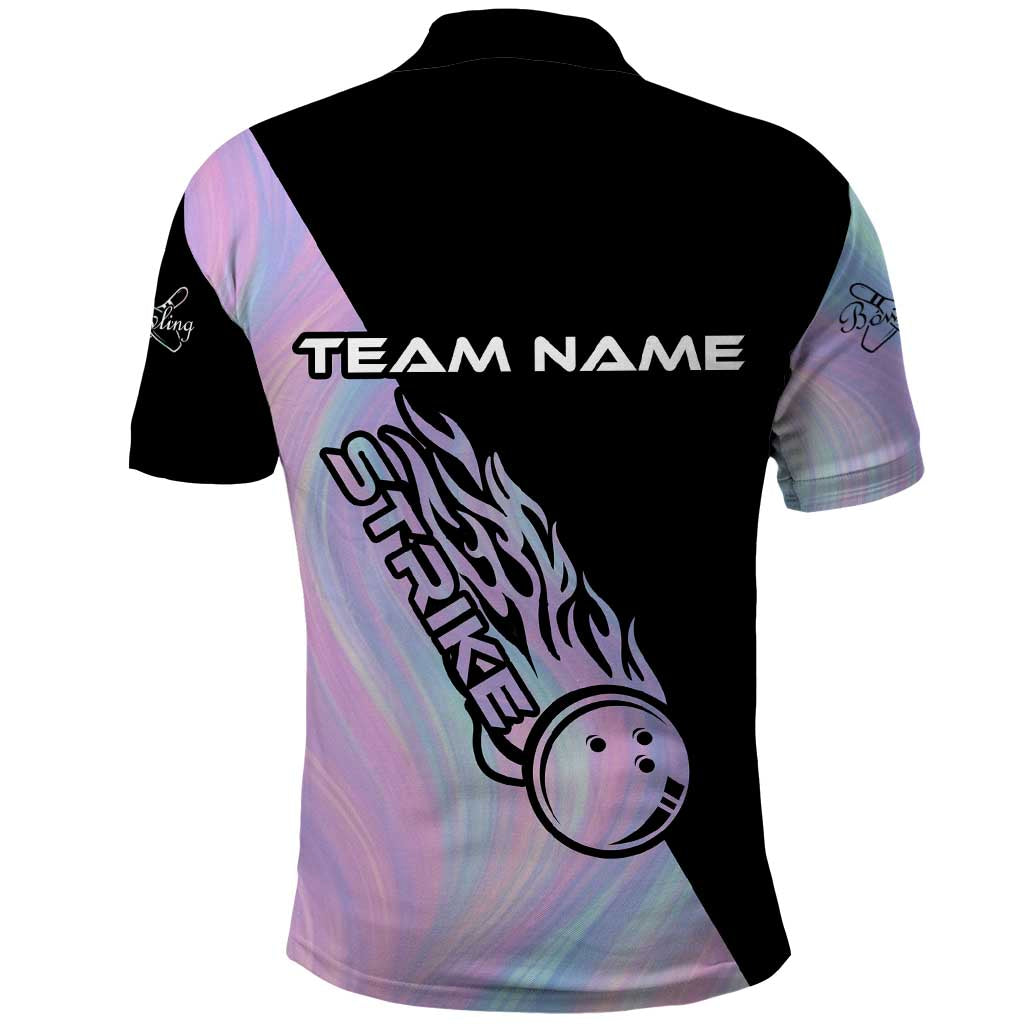 Bowling Strike Graphic Polo Shirt Custom Flaming Ball and Pastel Gradient Swirl Pattern Design TS04