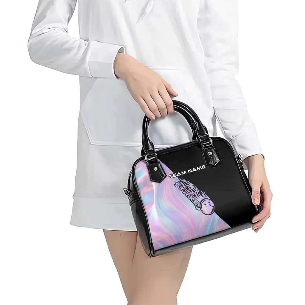 Bowling Strike Graphic Shoulder Handbag Custom Flaming Ball and Pastel Gradient Swirl Pattern Design TS04