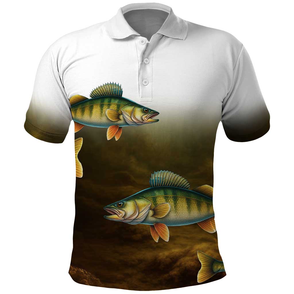 Walleye Fishing Yellow Scales Customize Name Polo Shirt Dark Gradient Water Background TS04