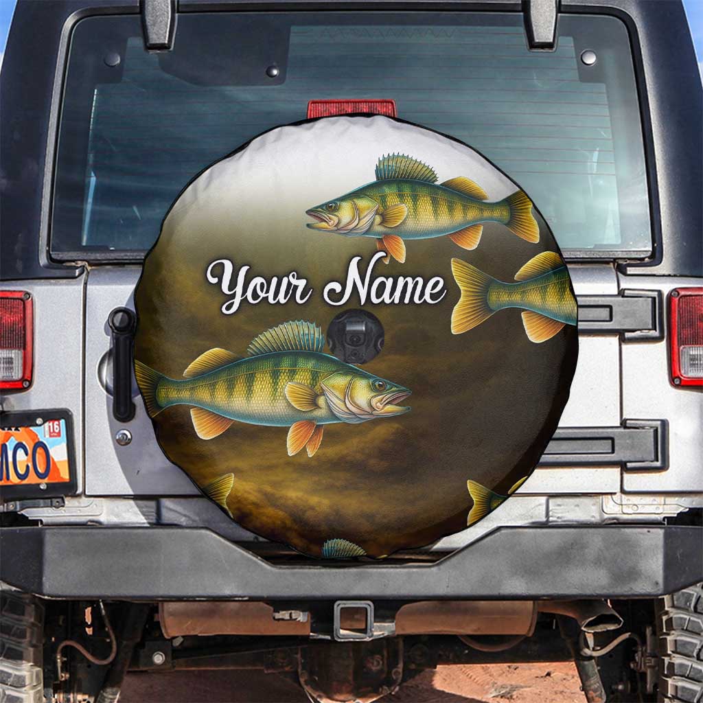 Walleye Fishing Yellow Scales Customize Name Spare Tire Cover Dark Gradient Water Background TS04