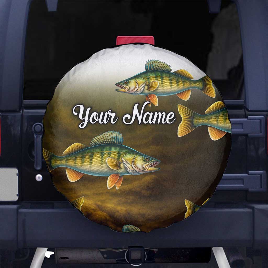Walleye Fishing Yellow Scales Customize Name Spare Tire Cover Dark Gradient Water Background TS04