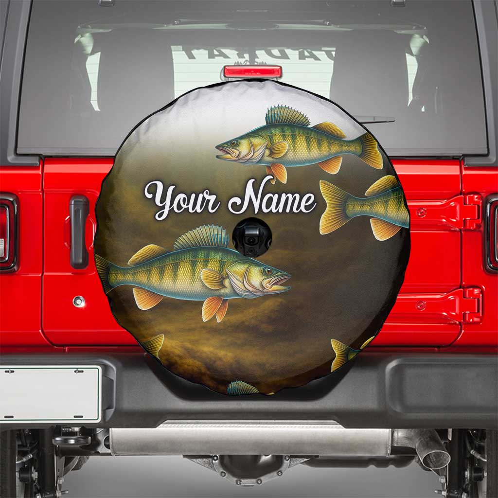 Walleye Fishing Yellow Scales Customize Name Spare Tire Cover Dark Gradient Water Background TS04