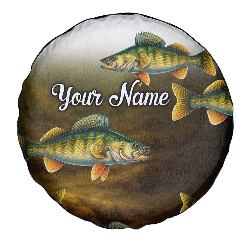 Walleye Fishing Yellow Scales Customize Name Spare Tire Cover Dark Gradient Water Background TS04