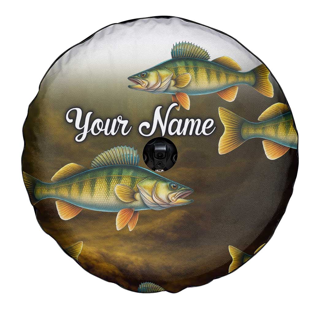 Walleye Fishing Yellow Scales Customize Name Spare Tire Cover Dark Gradient Water Background TS04