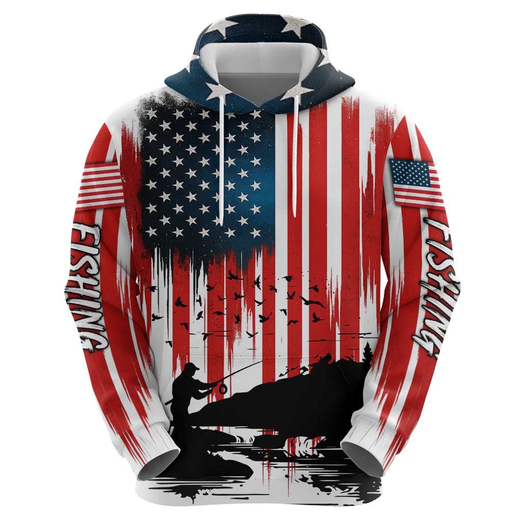 Custom Flag American Fishing Hoodie Fish Silhouette in Grunge Patriotic TS04