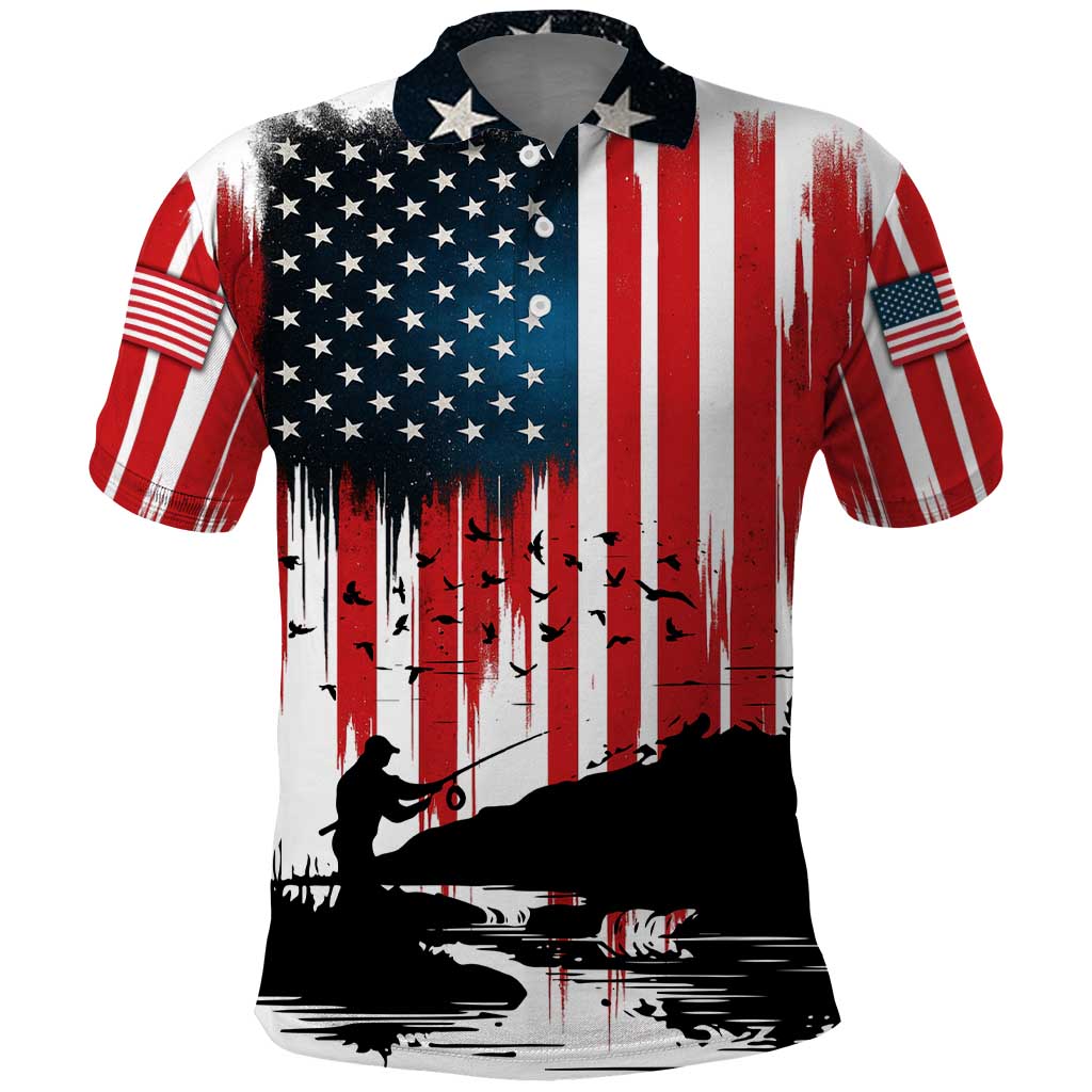 Custom Flag American Fishing Polo Shirt Fish Silhouette in Grunge Patriotic TS04