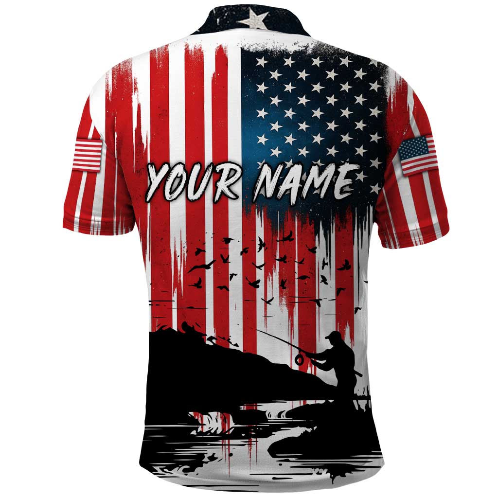 Custom Flag American Fishing Polo Shirt Fish Silhouette in Grunge Patriotic TS04