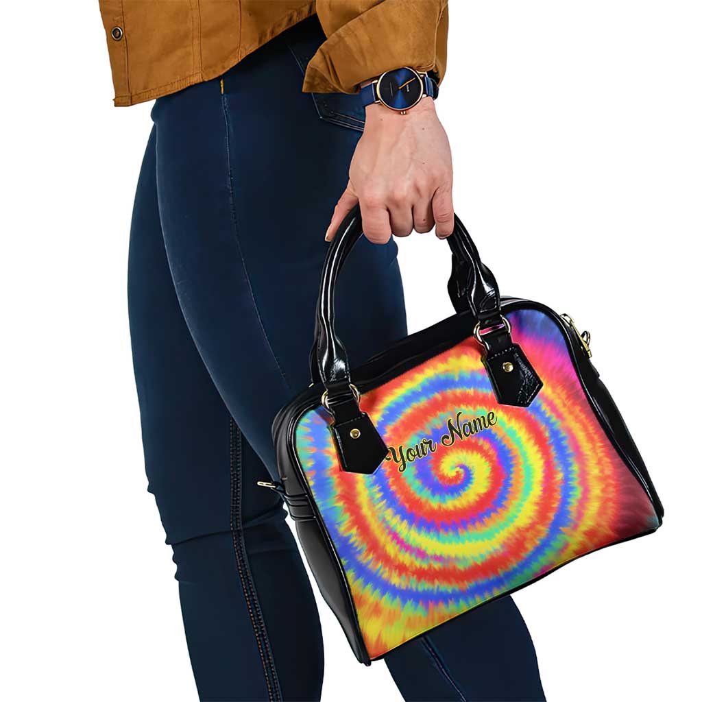 Colorful Tie Dye Spiral Goft Shoulder Handbag Custom Name in Retro Psychedelic Style Design TS04