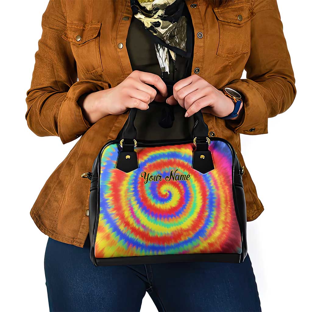 Colorful Tie Dye Spiral Goft Shoulder Handbag Custom Name in Retro Psychedelic Style Design TS04