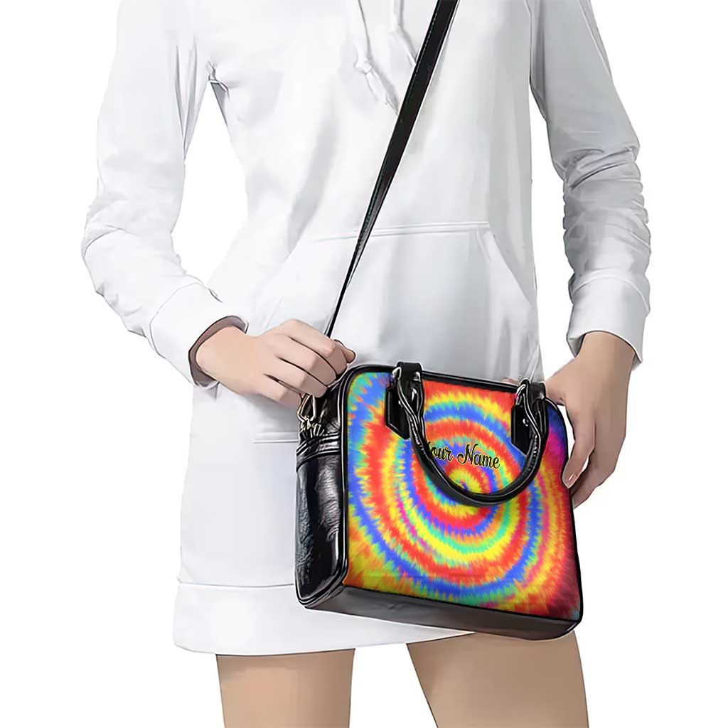 Colorful Tie Dye Spiral Goft Shoulder Handbag Custom Name in Retro Psychedelic Style Design TS04