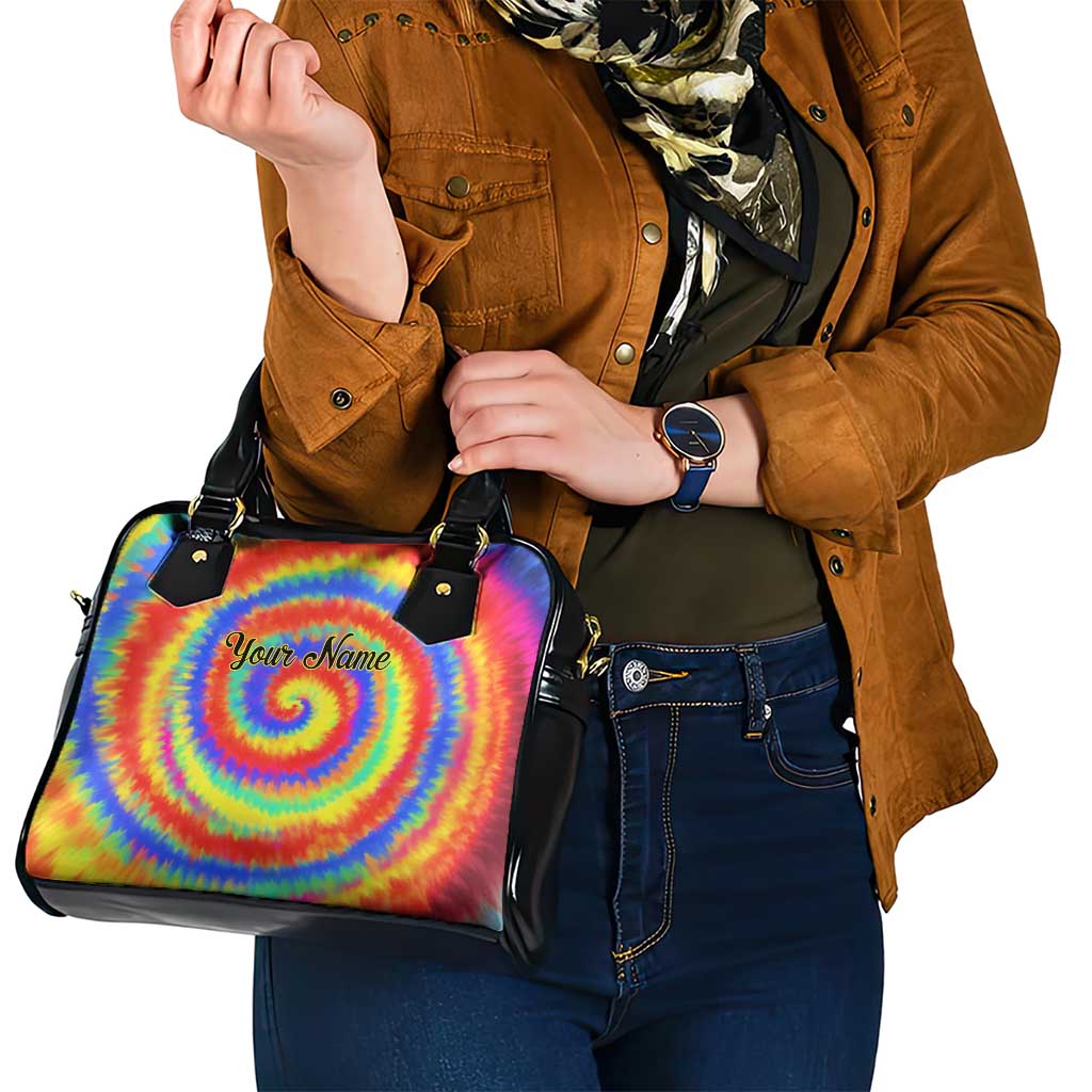 Colorful Tie Dye Spiral Goft Shoulder Handbag Custom Name in Retro Psychedelic Style Design TS04