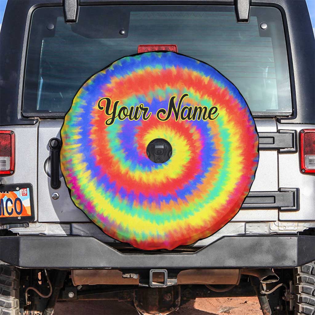 Colorful Tie Dye Spiral Goft Spare Tire Cover Custom Name in Retro Psychedelic Style Design TS04