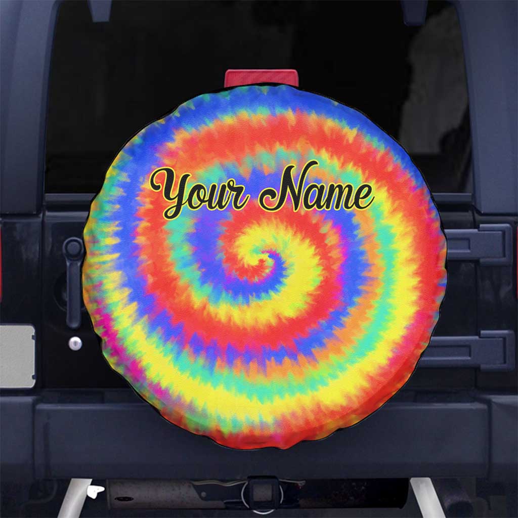 Colorful Tie Dye Spiral Goft Spare Tire Cover Custom Name in Retro Psychedelic Style Design TS04