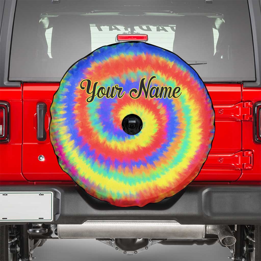 Colorful Tie Dye Spiral Goft Spare Tire Cover Custom Name in Retro Psychedelic Style Design TS04