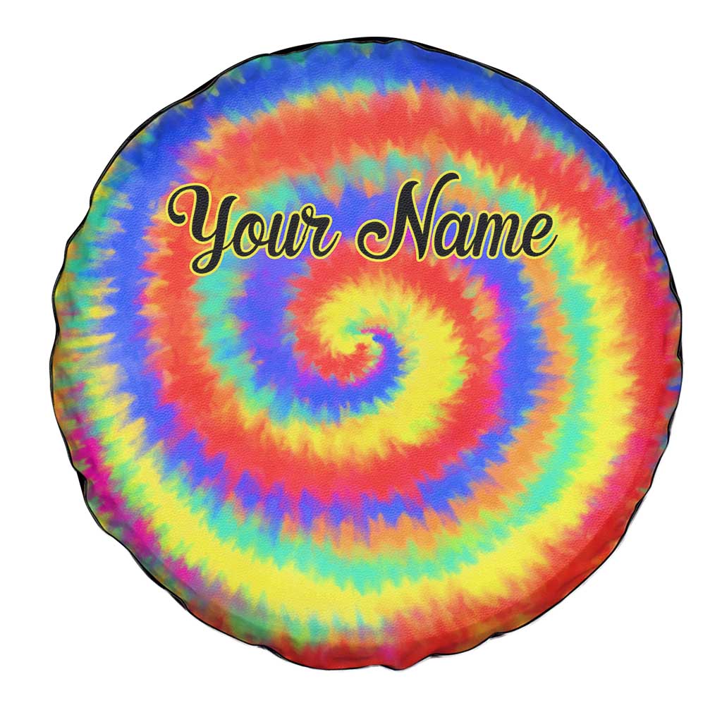 Colorful Tie Dye Spiral Goft Spare Tire Cover Custom Name in Retro Psychedelic Style Design TS04