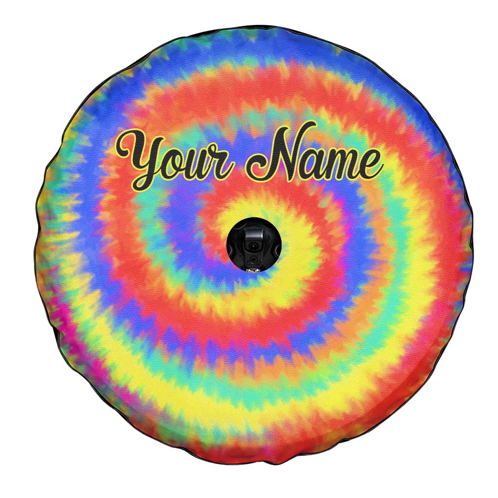 Colorful Tie Dye Spiral Goft Spare Tire Cover Custom Name in Retro Psychedelic Style Design TS04