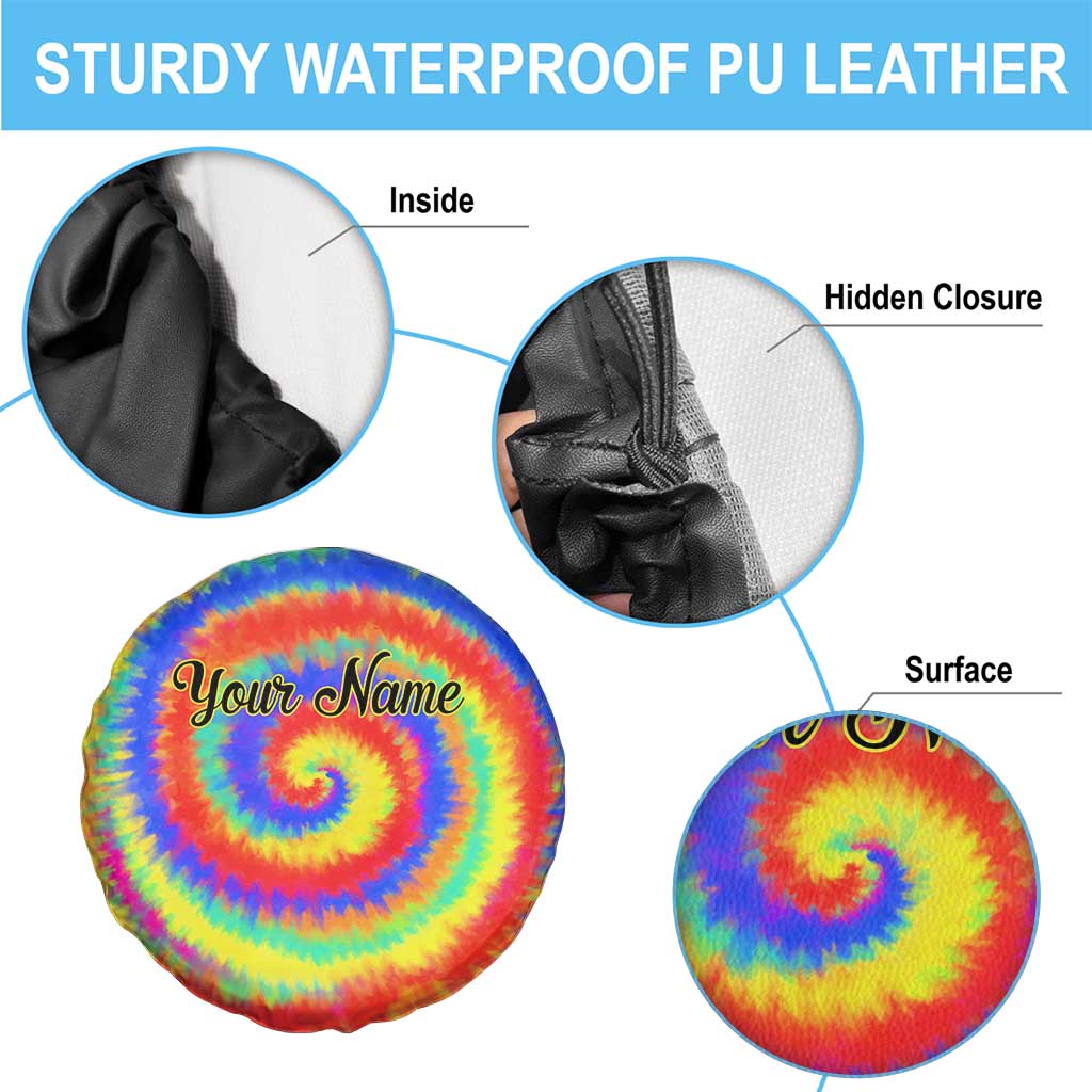 Colorful Tie Dye Spiral Goft Spare Tire Cover Custom Name in Retro Psychedelic Style Design TS04