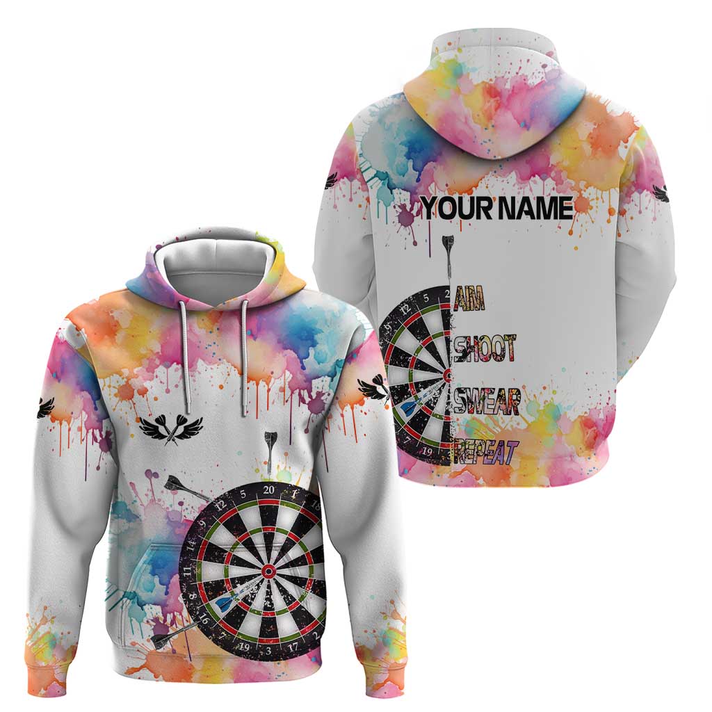 Custom Name Darts Hoodie Funny Dartboards Colorful Paint Aim Shoot Swear Repeat TS04