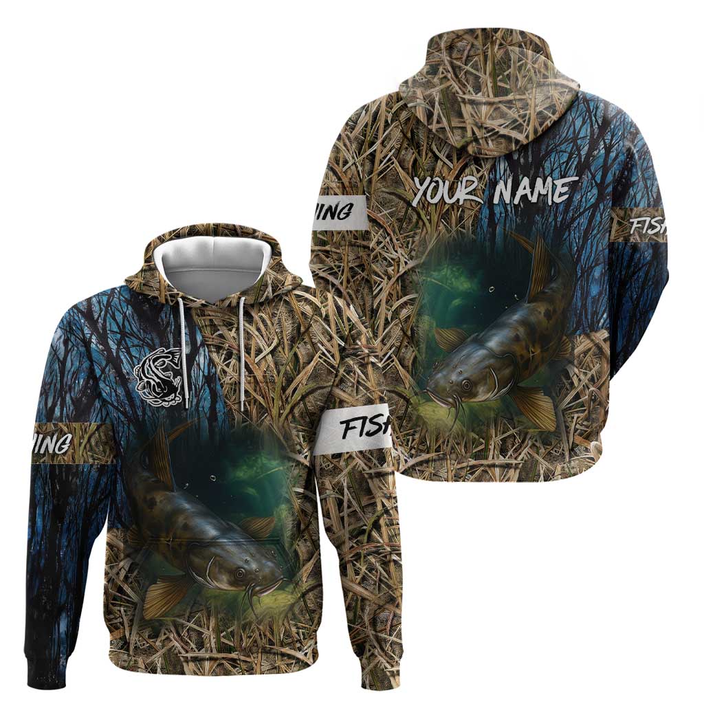 Catfish Fishing Underwater Scene Hoodie Custom Name Swamp Grass and Camouflage TS04