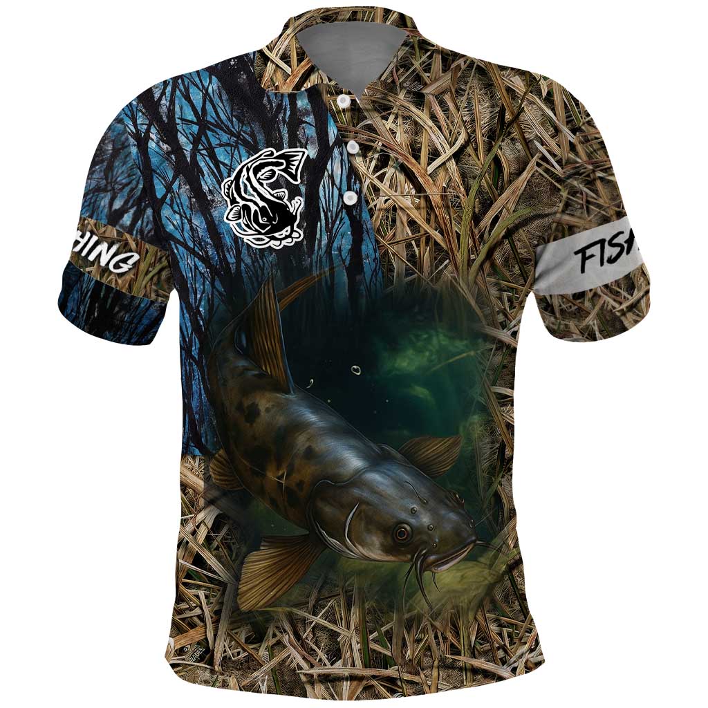 Catfish Fishing Underwater Scene Polo Shirt Custom Name Swamp Grass and Camouflage TS04