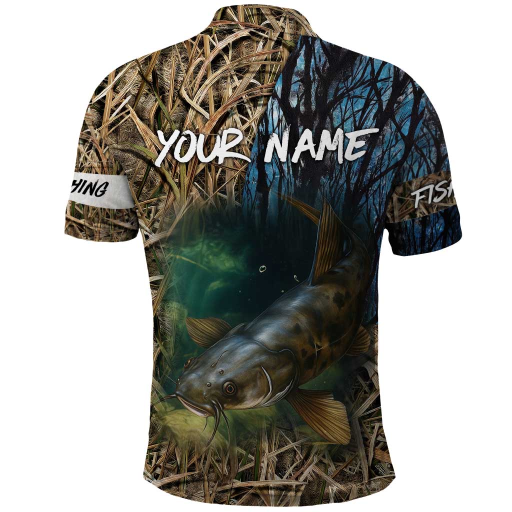 Catfish Fishing Underwater Scene Polo Shirt Custom Name Swamp Grass and Camouflage TS04