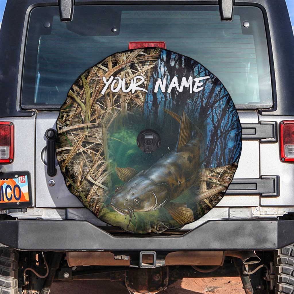 Catfish Fishing Underwater Scene Spare Tire Cover Custom Name Swamp Grass and Camouflage TS04
