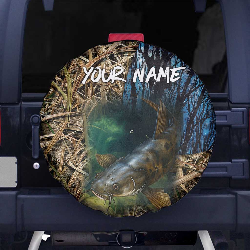 Catfish Fishing Underwater Scene Spare Tire Cover Custom Name Swamp Grass and Camouflage TS04