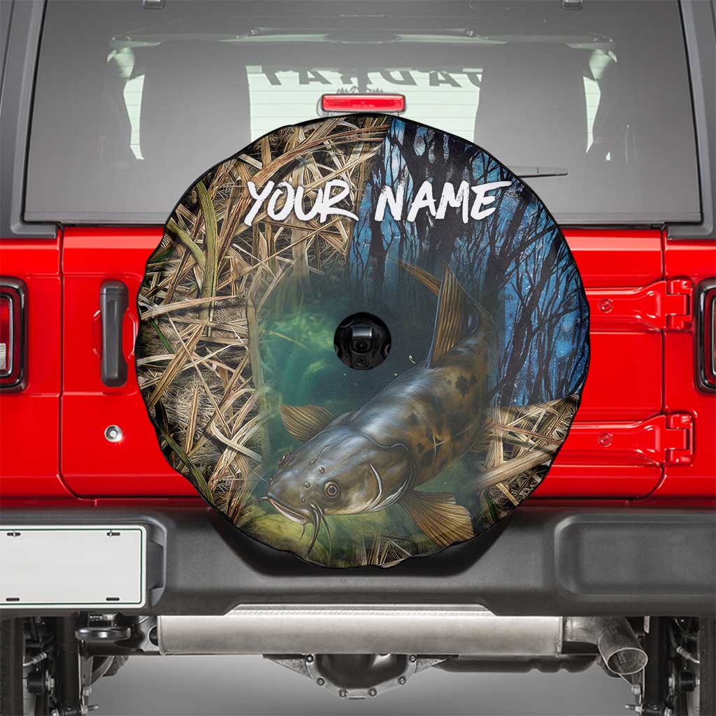 Catfish Fishing Underwater Scene Spare Tire Cover Custom Name Swamp Grass and Camouflage TS04