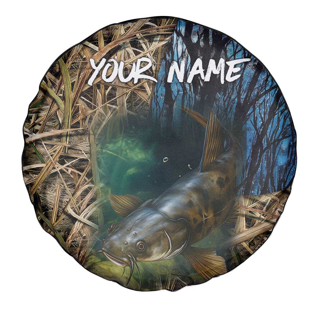 Catfish Fishing Underwater Scene Spare Tire Cover Custom Name Swamp Grass and Camouflage TS04