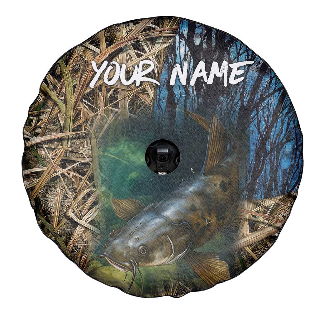Catfish Fishing Underwater Scene Spare Tire Cover Custom Name Swamp Grass and Camouflage TS04