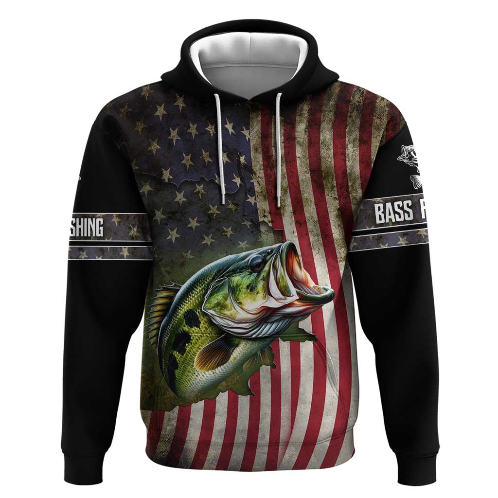 American Flag Largemouth Bass Fishing Hoodie Jumping Fish Graphic and Custom Name Design TS04
