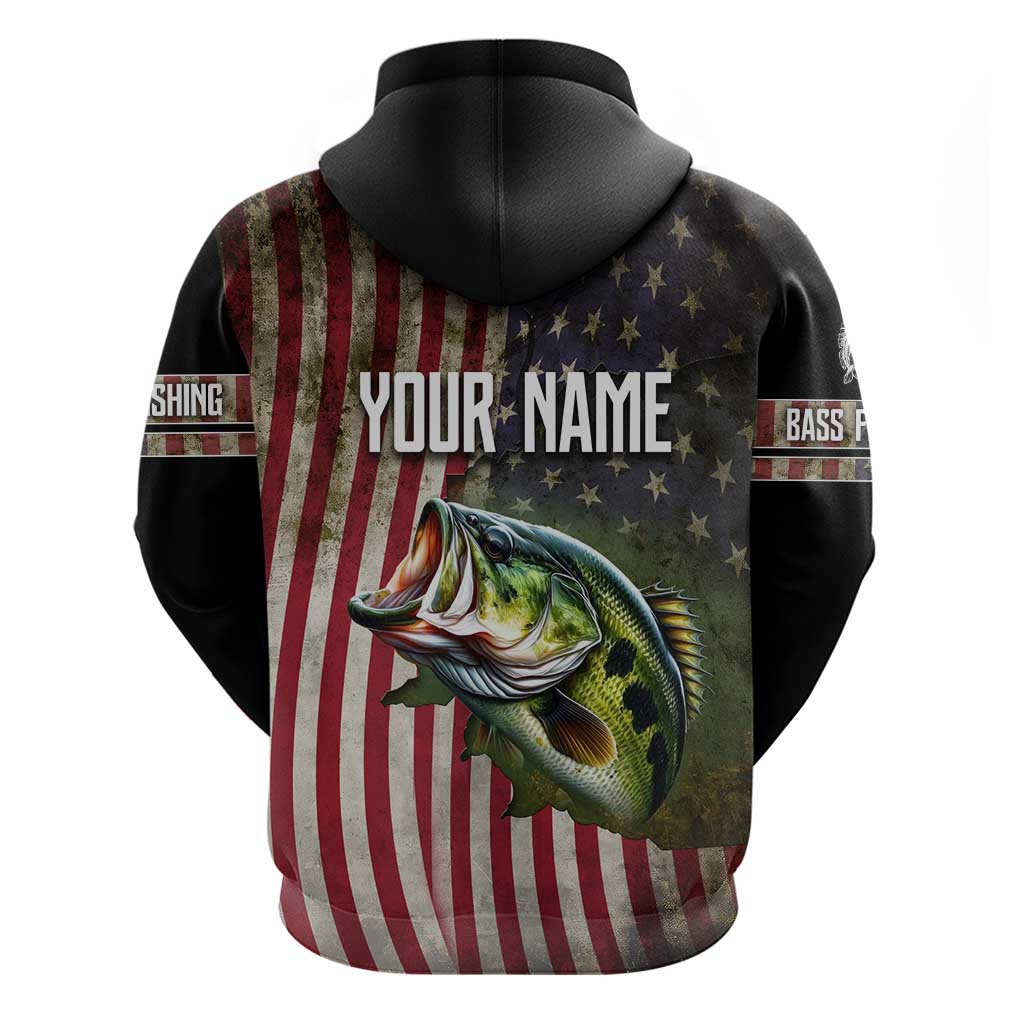 American Flag Largemouth Bass Fishing Hoodie Jumping Fish Graphic and Custom Name Design TS04