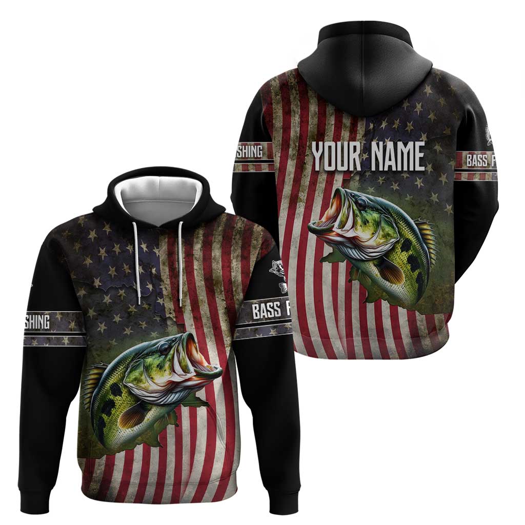 American Flag Largemouth Bass Fishing Hoodie Jumping Fish Graphic and Custom Name Design TS04