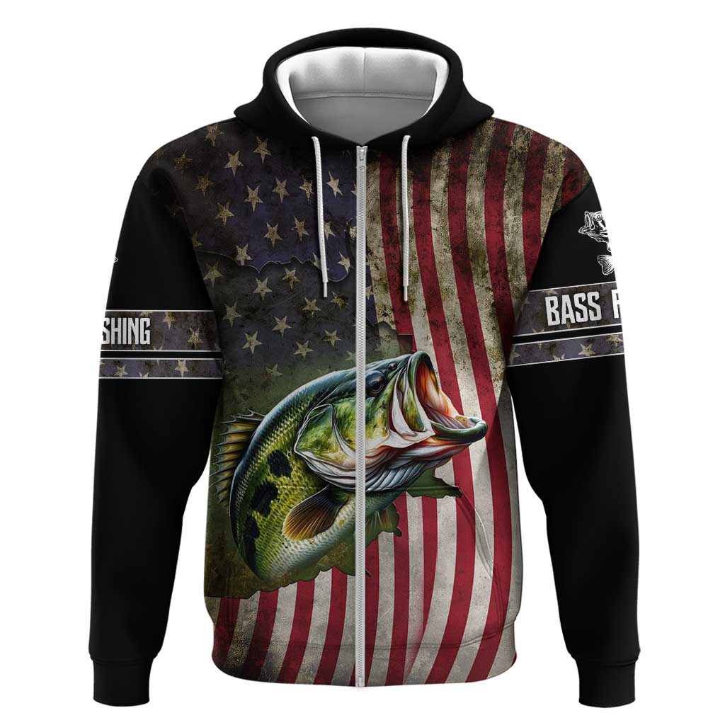 American Flag Largemouth Bass Fishing Hoodie Jumping Fish Graphic and Custom Name Design TS04