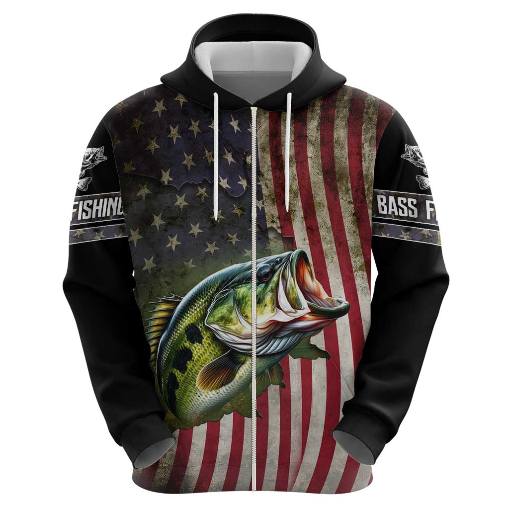American Flag Largemouth Bass Fishing Hoodie Jumping Fish Graphic and Custom Name Design TS04